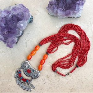 Tibetan Silver Tone & Orange Beaded Necklace